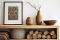 Living room interior with wood elements in rustic style, cozy home Royalty Free Stock Photo