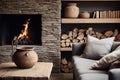Living room interior with wood elements in rustic style, cozy home Royalty Free Stock Photo