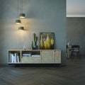 Living room interior with wooden sideboard