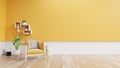 Living room interior with yellow fabric armchair lamp book and plants on empty yellow wall background Royalty Free Stock Photo