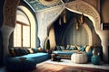 Living room Islamic and Arabic concept, islamic interior design with arch, Ai generative