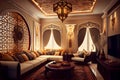 Living room Islamic and Arabic concept, islamic interior design with arch, Ai generative