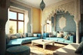 Living room Islamic and Arabic concept, islamic interior design with arch, Ai generative