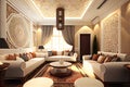 Living room Islamic and Arabic concept, islamic interior design with arch, Ai generative