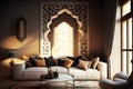 Living room Islamic and Arabic concept, islamic interior design with arch, Ai generative