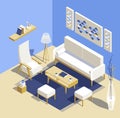 Living room isomertic detailed set graphic illustration in scandinavian style. 3D residential room project.