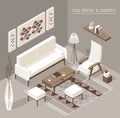 Living room isomertic detailed set graphic illustration in scandinavian style