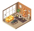 Living room isometric concept. Modern cozy apartment interior with furniture, sofa armchair coffee table and floor lamp Royalty Free Stock Photo