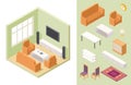 Living room isometric. Vector home interior and furniture. Couch, chair, shelf, table, carpet