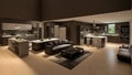 Living Room and Kitchen Layout Interior Design of a Modern House with Minimalistic Design.