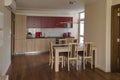 Living room with kitchen site and dining-table in renovated apartment