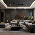 a living room with a large couch and a coffee table Mediterranean interior Living Room with Charcoal