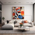 Living room with a large couch and a painting. Generative AI Royalty Free Stock Photo