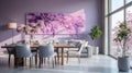 a living room with a large painting on the wall Modern interior Dining Area with Lavender color