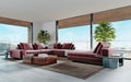 Living room with a large pink sofa and a TV unit with shelves and decor. Living room studio with kitchen and living area. Large