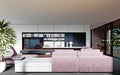 Living room with a large pink sofa and a TV unit with shelves and decor. Living room studio with kitchen and living area. Large Royalty Free Stock Photo