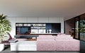 Living room with a large pink sofa and a TV unit with shelves and decor. Living room studio with kitchen and living area. Large