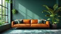 A living room with a leather couch and a potted plant. Dark green walls and brown leather furniture, modern interior Royalty Free Stock Photo