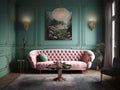 Living room with light green walls and a pink sofa. AI generated Royalty Free Stock Photo