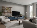 living room with light wooden floor, grey couch and wing back chair and big tv on the wall Royalty Free Stock Photo