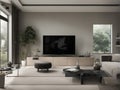 living room with light wooden floor, grey couch and wing back chair and big tv on the wall Royalty Free Stock Photo