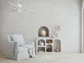 Living room.Mediterranean style interior.Armchairs,table and ceiling fan.