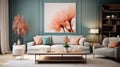 Living room with minimal elements, harmoniously combines modernity and coziness with a bright shade of Peach Fuzz