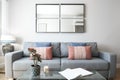 Living room with mirrors on the wall, a nice plant on the coffee table