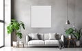Living room with mockup frame on the light gray wall, decorated with white sofa and green plants in vases on the floor Royalty Free Stock Photo