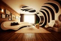 Living room in modern Art style with arches and curved wall panels in monochrome beige.ai generative Royalty Free Stock Photo