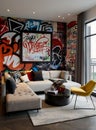 Living room of a modern city apartment with graffiti. Royalty Free Stock Photo