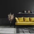 Living room modern interior with black wall, yellow sofa and pampas grass, luxury dark interior background, dark living room mock Royalty Free Stock Photo