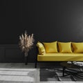 Living room modern interior with black wall, yellow sofa and pampas grass, luxury dark interior background, dark living room mock Royalty Free Stock Photo