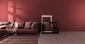 Mock up Living room modern style with red wall and red sofa armchair on carpet.3D rendering Royalty Free Stock Photo