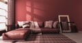 Mock up Living room modern style with red wall and red sofa armchair on carpet.3D rendering Royalty Free Stock Photo