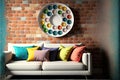 Living room in modern style with white sofa and colourful pillows and old brick wall background.3d rendering Royalty Free Stock Photo