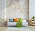 Living room in modern style with white sofa and colourful pillows and old brick wall background. Royalty Free Stock Photo