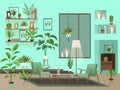 Living room at night. Urban interior with indoor flowers, chairs, vase and candles