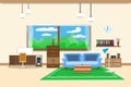 Living room or office design interior relax with sofa blue and bookshelf window in wall yellow background. vector illustration