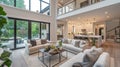 Living Room in Open Concept New Luxury Home with View of Entry, Kitchen, and Second Floor Royalty Free Stock Photo