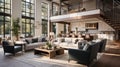 Living Room in Open Concept New Luxury Home with View of Entry, Kitchen, and Second Floor Royalty Free Stock Photo