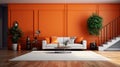 The living room is orange, the sofa is light grey with an orange wall background, and the entryway is Avangard white. Brown