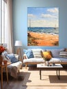 Living Room With A Painting Of A Beach And A Couch Royalty Free Stock Photo