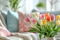 Living room with pastel colored pillows and fresh tulips on the table. Spring decor concept. Generative AI Royalty Free Stock Photo