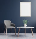 Living room with a picture frame on the dark blue walls, decorated with flowers and armchairs on concrete.3d rendering Royalty Free Stock Photo