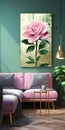 a living room with a pink couch and a painting on the wall. Acrylic Painting of a ForestGreen color flower perfect for Wall Art. Royalty Free Stock Photo