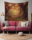 a living room with a pink couch and a tapestry hanging on the wall