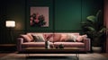 Living room, pink and dark green colors. Interior design Royalty Free Stock Photo