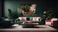 Living room, pink and dark green colors. Interior design Royalty Free Stock Photo