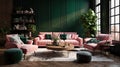 Living room, pink and dark green colors. Interior design Royalty Free Stock Photo